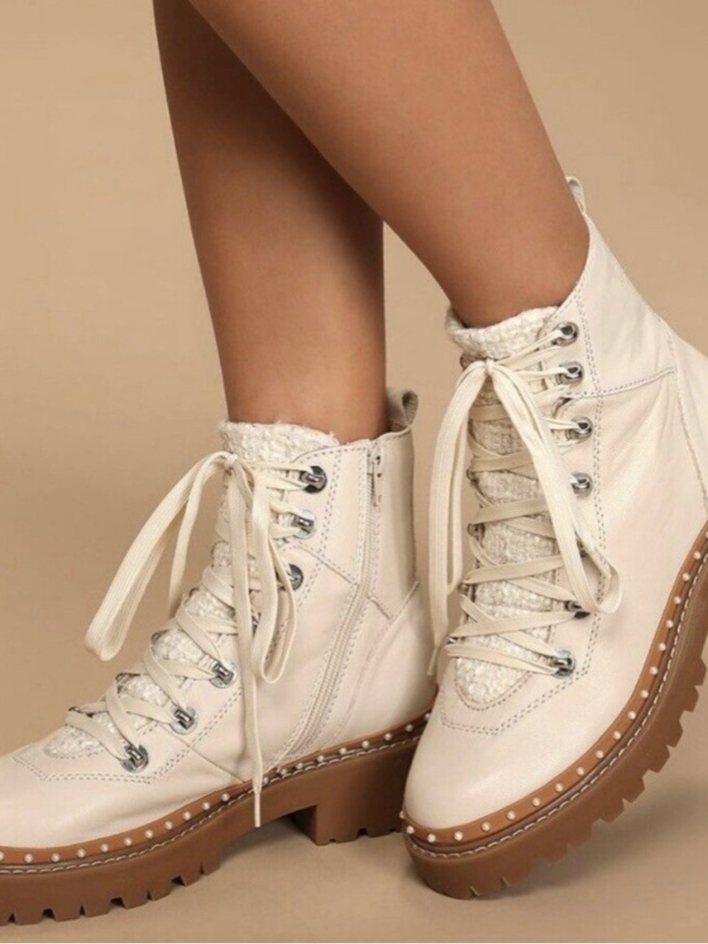 Steve Madden Cream Lace-Up Studded Combat Boots